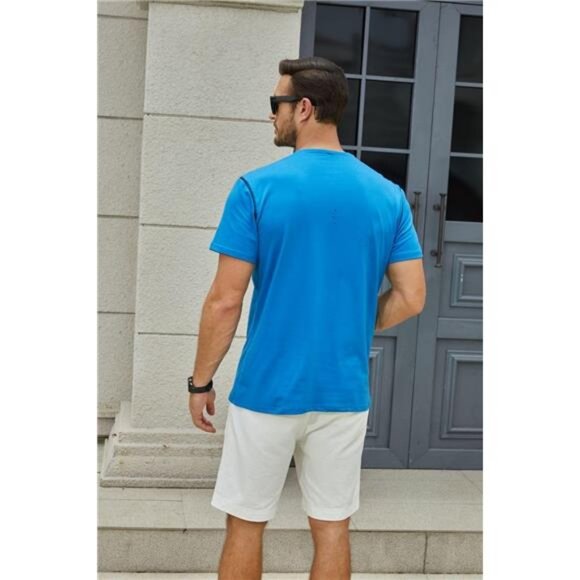 Men's Blue Shirt Classic Short/Long Sleeve Lightweight Button Cotton T-shirts - Picture 7 of 7